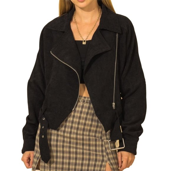 HYFVE WOMENS BLACK SHORT CORDUROY JACKET W/SIDE ZIP /WAISTED BUCKLE - S/M/L - Picture 1 of 12